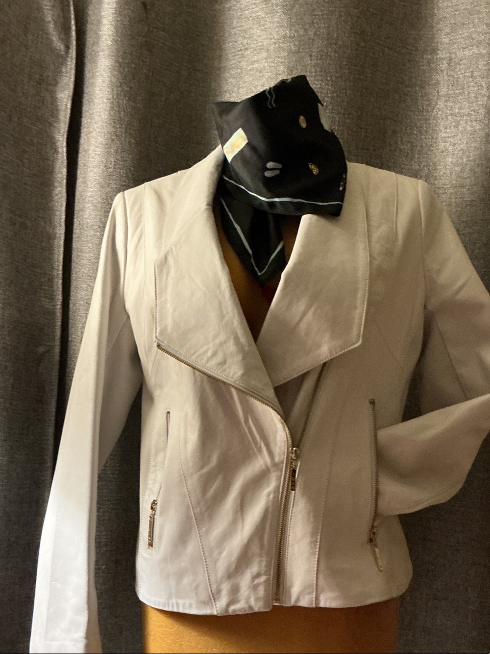 IMAN Cream Leather Asymmetrical Zip Moto Jacket